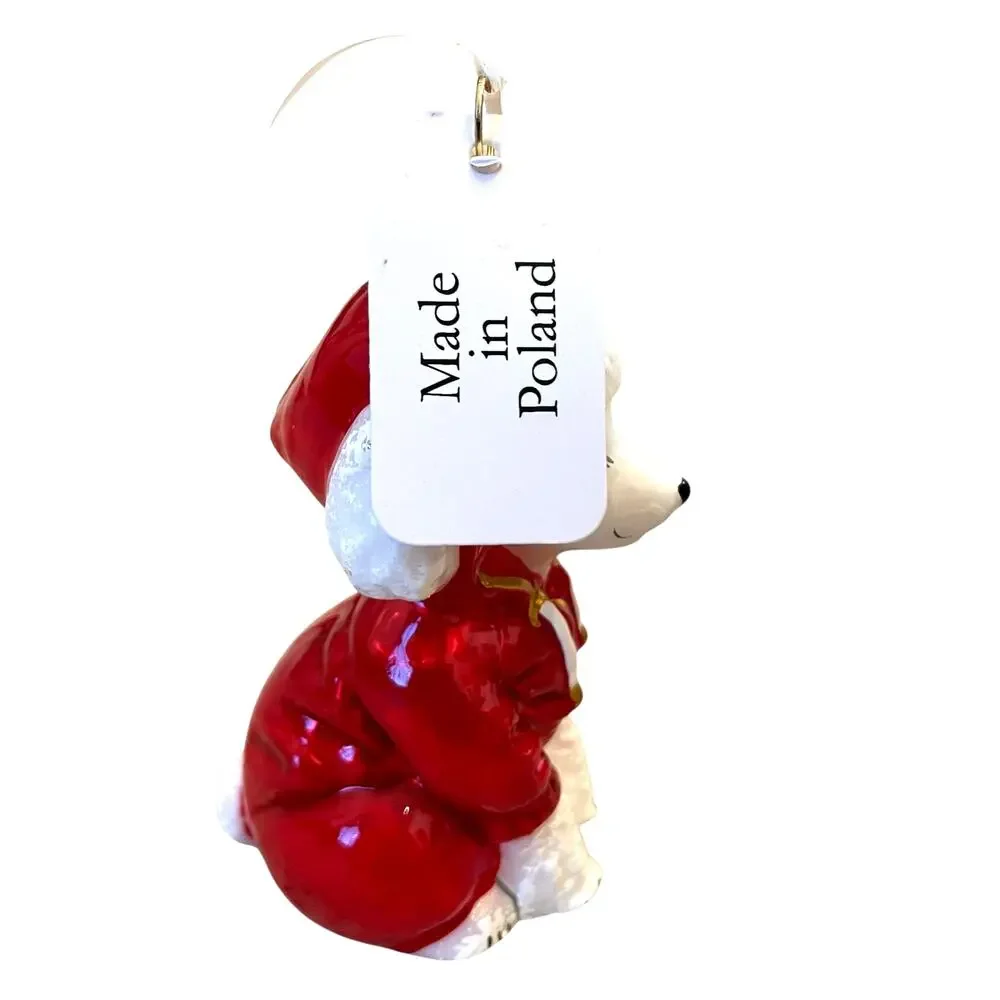 Joy to the World White Poodle in Red Hoodie Polish Glass Christmas Tree Ornament